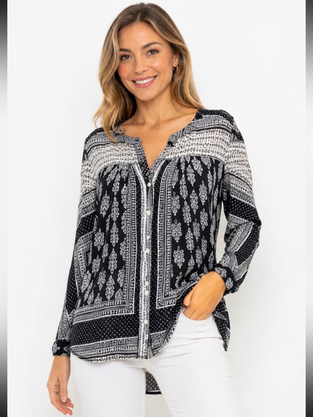 Lucky Brand‎ Boho Top Black White Paisley Button Front Blouse Medium H5500